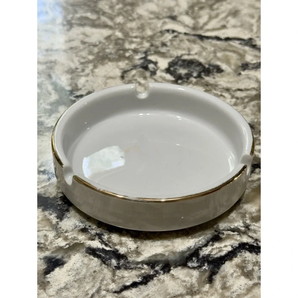 Vintage White Porcelain Ashtray Gold Trim 4